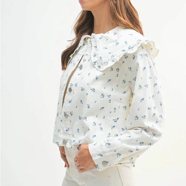 Mable Floral White With Ruffle Collar Denim Jean Jacket